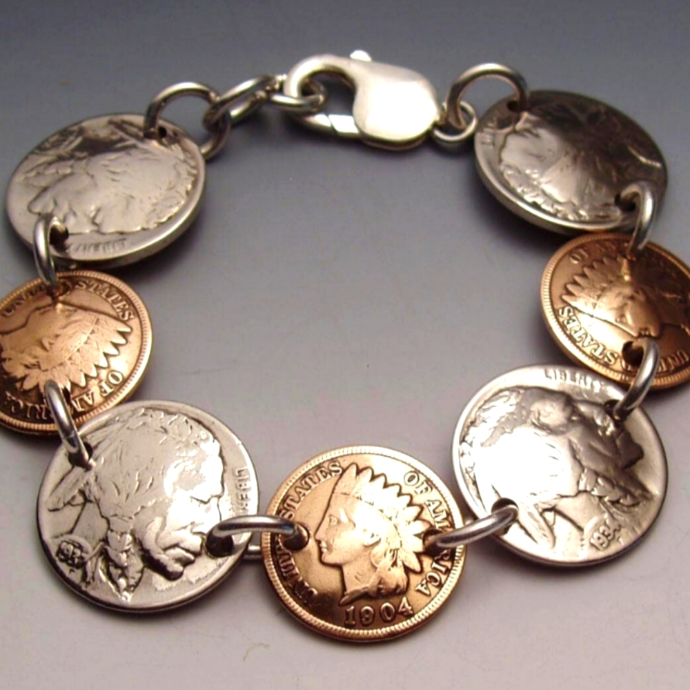 New Handmade Indian Head Penny & Buffalo Nickel Circulated Coin Bracelet